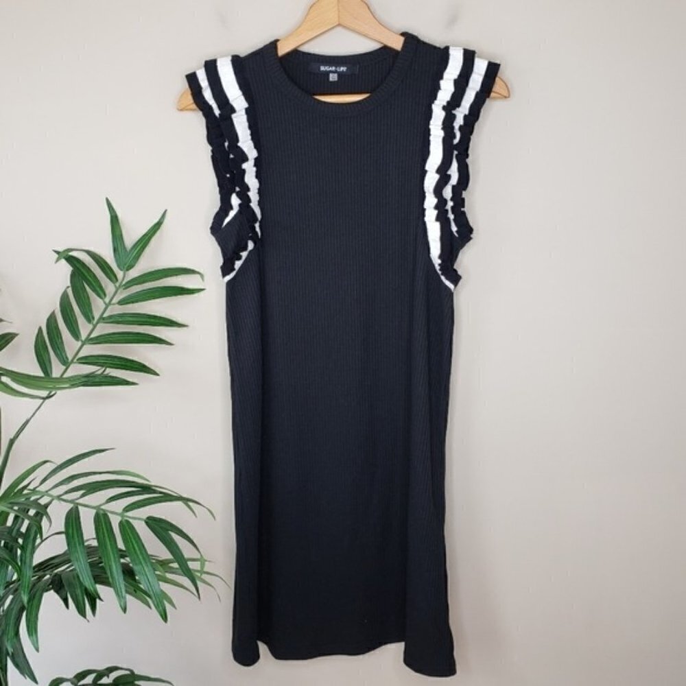 Sugar + Lips Black Ribbed Sweater Dress Rushed Sleeves Size Small Girly Feminine